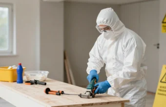Home renovation worksite with a worker in full safety gear using power tools in a clean and organized construction area.