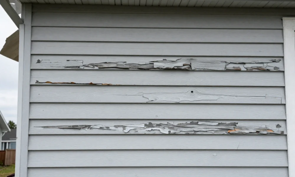 Damaged house siding with warped vinyl panels, cracks, peeling paint, and visible moisture damage on exterior wall