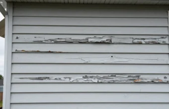 Damaged house siding with warped vinyl panels, cracks, peeling paint, and visible moisture damage on exterior wall
