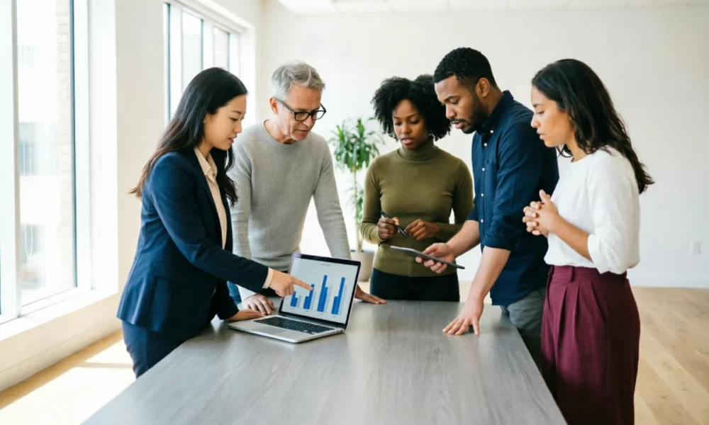 Future professional skills employers want, shown through a diverse team collaborating on data and technology