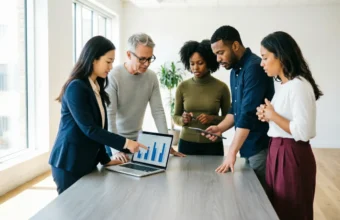 Future professional skills employers want, shown through a diverse team collaborating on data and technology