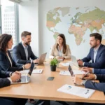 Business team collaborating in an office with laptops and documents, highlighting nearshoring operations and teamwork with nearby countries.