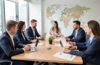 Business team collaborating in an office with laptops and documents, highlighting nearshoring operations and teamwork with nearby countries.
