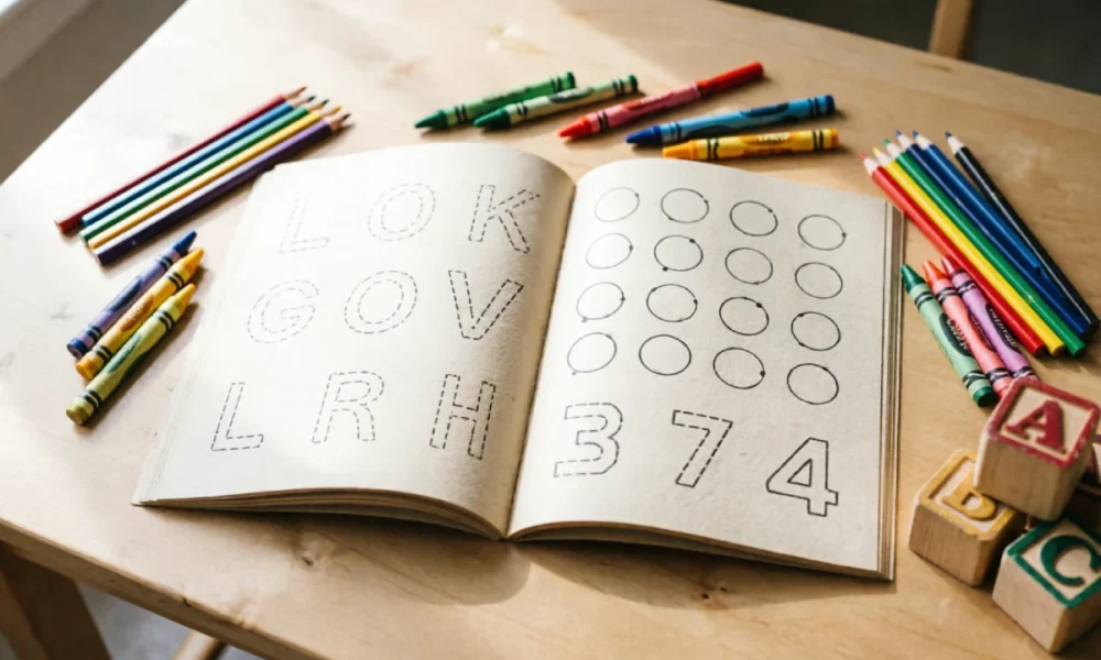 what kindergarten workbooks teach shown through an open workbook with tracing and counting pages