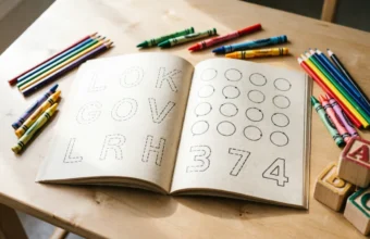 what kindergarten workbooks teach shown through an open workbook with tracing and counting pages