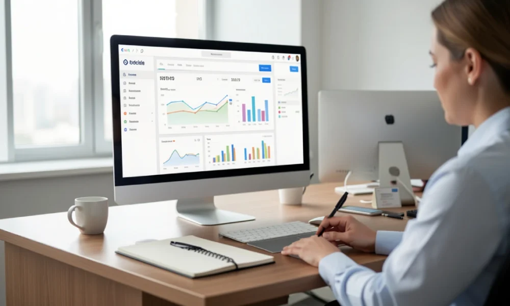 Digital marketer analyzing native advertising campaign performance dashboard showing CTR, CPC, and ROI metrics on desktop monitor in modern office.