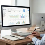 Digital marketer analyzing native advertising campaign performance dashboard showing CTR, CPC, and ROI metrics on desktop monitor in modern office.