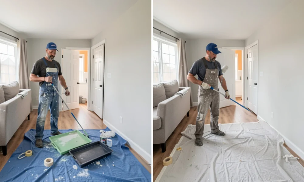 Homeowner painting a wall with roller next to professional painters working on interior home renovation project
