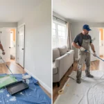 Homeowner painting a wall with roller next to professional painters working on interior home renovation project