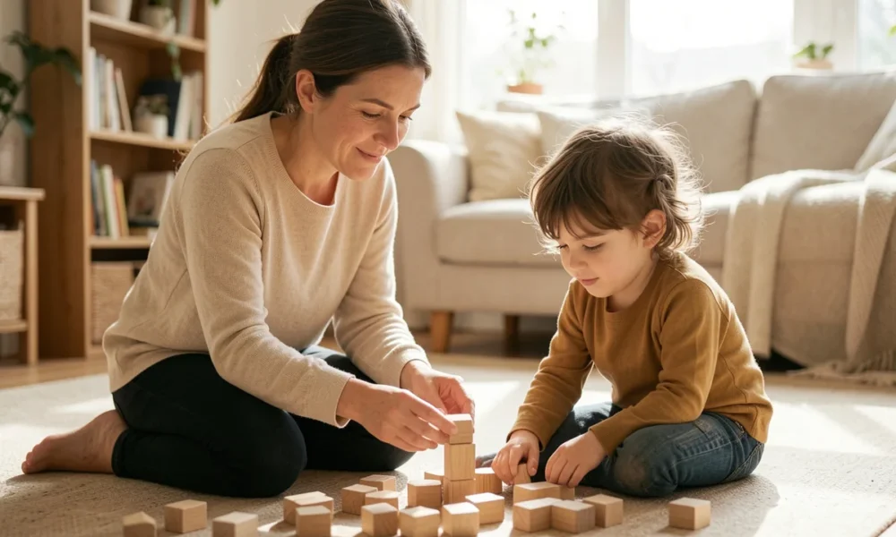 Parent using evidence-based strategies for autism while playing calmly with their child