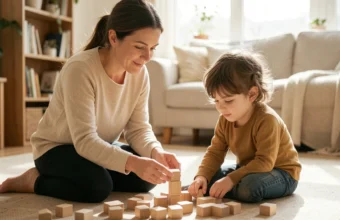 Parent using evidence-based strategies for autism while playing calmly with their child