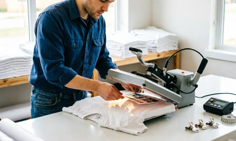 entrepreneur working to start t-shirt printing business at home studio