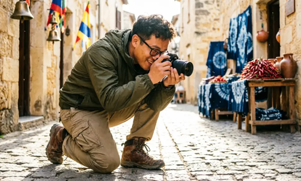 Photographer capturing authentic travel photography techniques in a golden-hour street scene