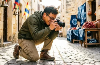 Photographer capturing authentic travel photography techniques in a golden-hour street scene