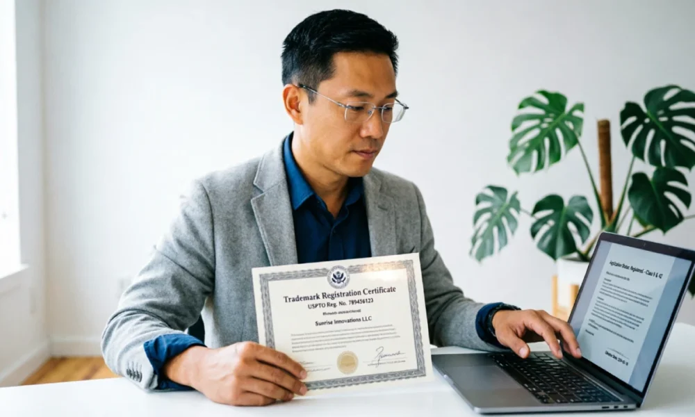 Business owner reviewing documents to trademark your business name