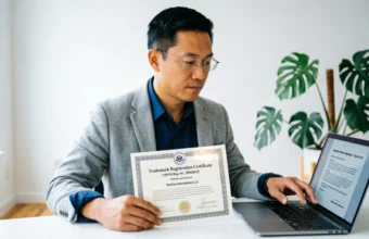 Business owner reviewing documents to trademark your business name