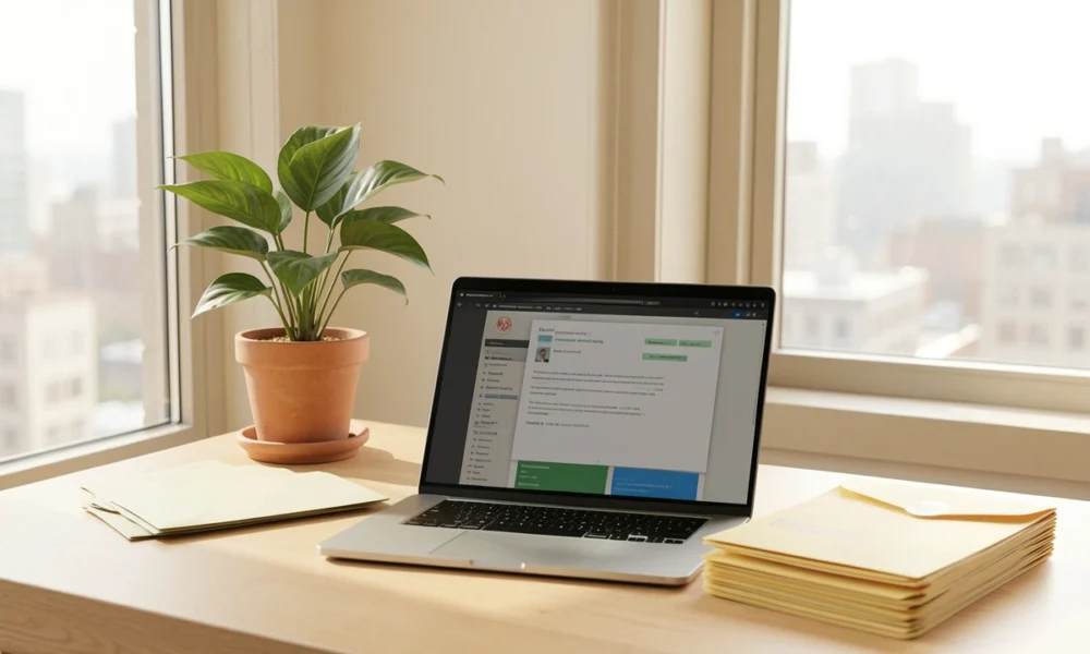 Entrepreneur reviewing virtual business address benefits on a laptop with organized mail nearby