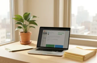Entrepreneur reviewing virtual business address benefits on a laptop with organized mail nearby