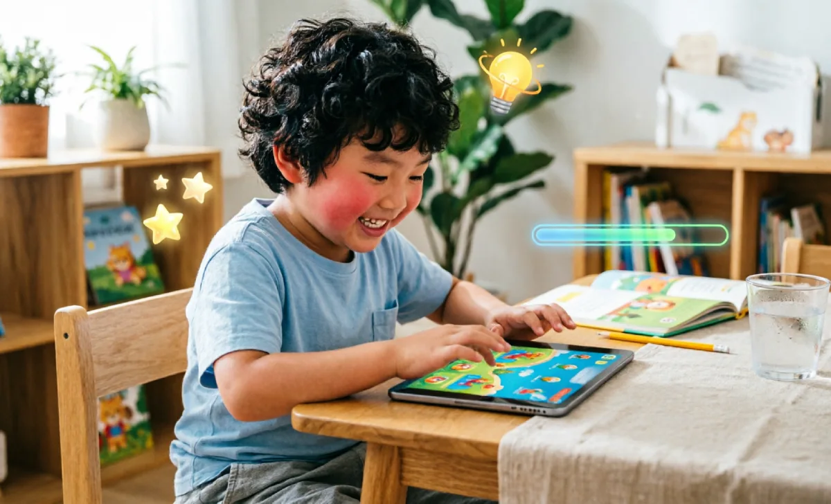 Child showing the benefits of educational games through focused, motivated play