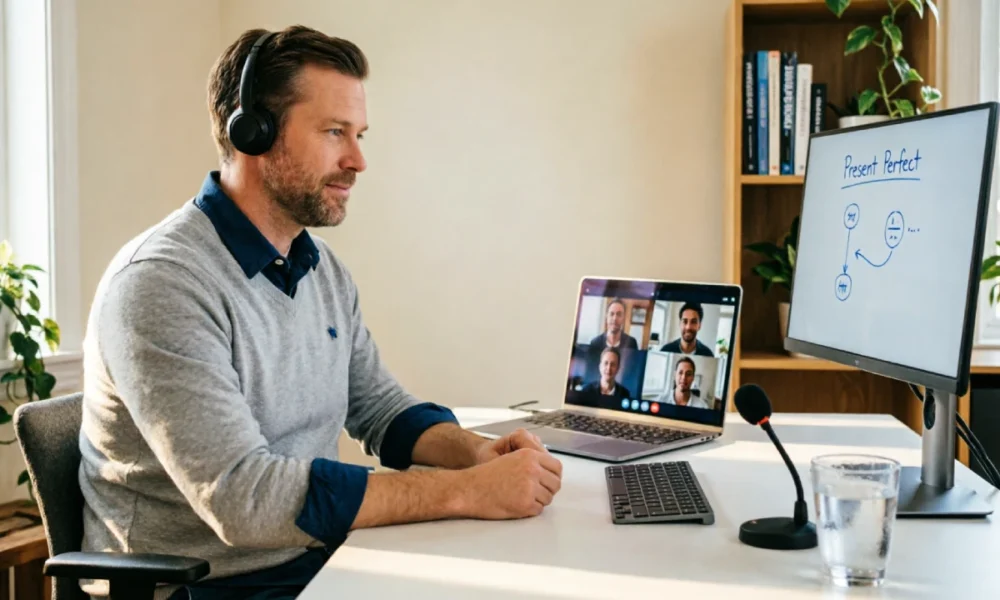 Remote teaching tools guide showing a teacher using a laptop and headset for a virtual classroom