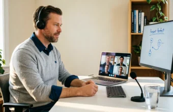 Remote teaching tools guide showing a teacher using a laptop and headset for a virtual classroom