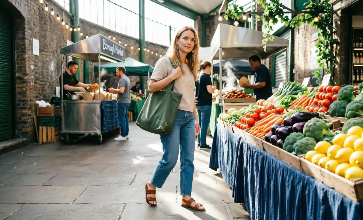 Woman exploring Borough Market alone during solo female travel London
