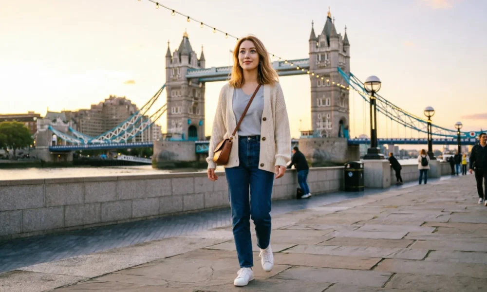 Woman enjoying solo female travel London near Tower Bridge at sunset