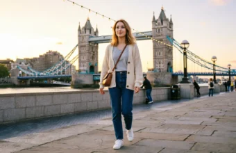Woman enjoying solo female travel London near Tower Bridge at sunset