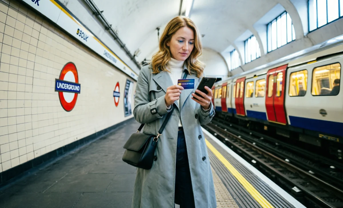 Woman confidently using the London Underground during solo female travel London