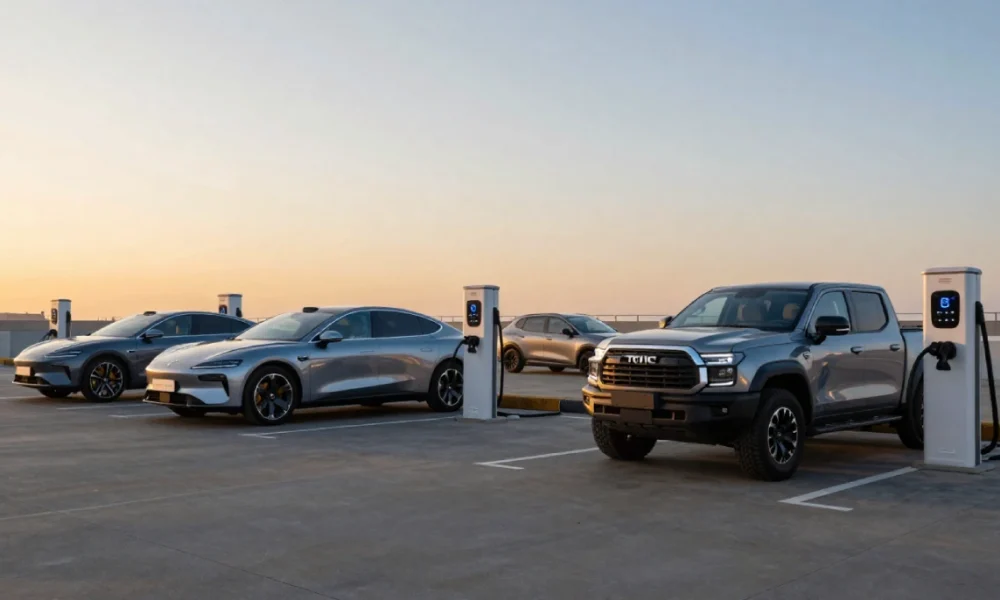 Best electric vehicles 2026 comparison showing long-range EV sedan, SUV, and electric truck fast charging at a public high-speed DC station during sunset.