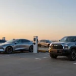Best electric vehicles 2026 comparison showing long-range EV sedan, SUV, and electric truck fast charging at a public high-speed DC station during sunset.
