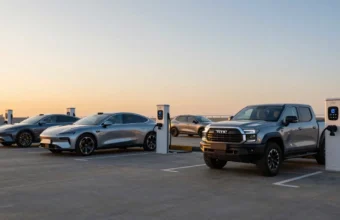 Best electric vehicles 2026 comparison showing long-range EV sedan, SUV, and electric truck fast charging at a public high-speed DC station during sunset.