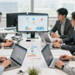 Business team analyzing operational workflows and KPIs in a modern office, illustrating effective business operations strategy and process management