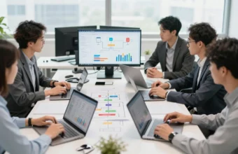 Business team analyzing operational workflows and KPIs in a modern office, illustrating effective business operations strategy and process management