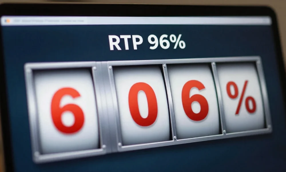 Photorealistic laptop showing online slot machine interface with RTP percentage and spinning reels powered by random number generator technology