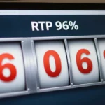 Photorealistic laptop showing online slot machine interface with RTP percentage and spinning reels powered by random number generator technology