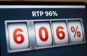 Photorealistic laptop showing online slot machine interface with RTP percentage and spinning reels powered by random number generator technology