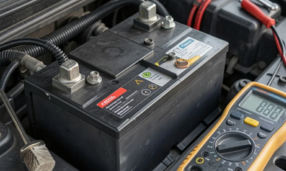 car battery maintenance tools including charger and multimeter under hood