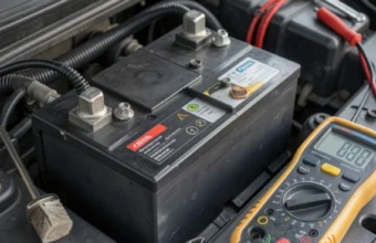 car battery maintenance tools including charger and multimeter under hood