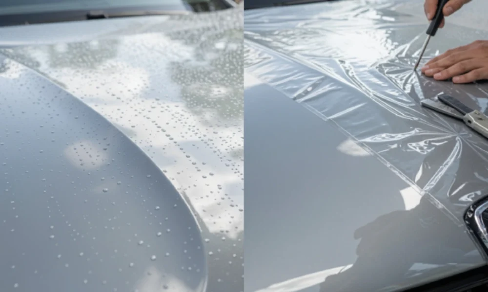 ceramic coating vs ppf comparison on car paint showing water beading and protective film installation