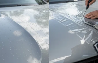 ceramic coating vs ppf comparison on car paint showing water beading and protective film installation