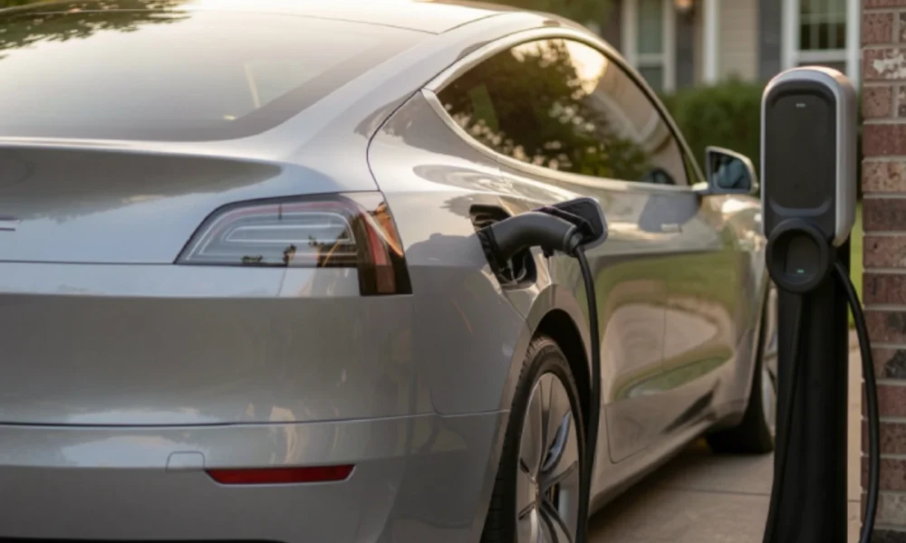 electric car charging at home driveway EV battery lifespan concept