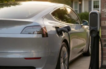 electric car charging at home driveway EV battery lifespan concept