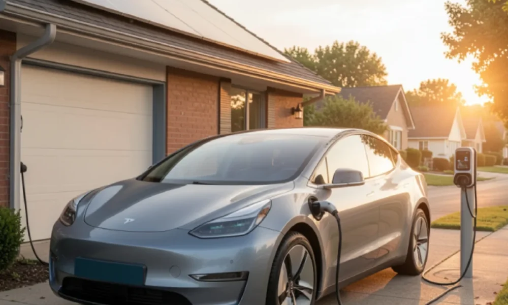 Electric vehicle charging at home on a suburban driveway, illustrating cost-efficient EV ownership and home charging savings.