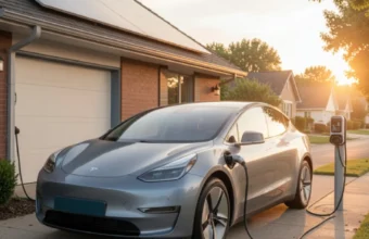 Electric vehicle charging at home on a suburban driveway, illustrating cost-efficient EV ownership and home charging savings.