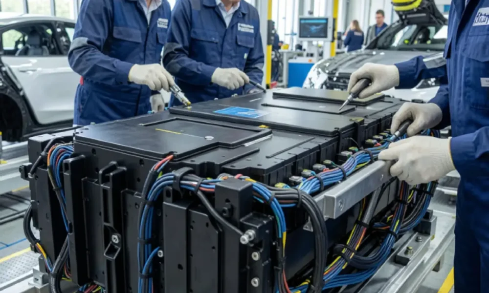 Engineers inspecting a next-generation electric vehicle battery pack in a high-tech manufacturing facility, illustrating the future of EV battery technology and innovation.