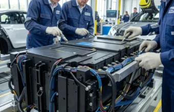 Engineers inspecting a next-generation electric vehicle battery pack in a high-tech manufacturing facility, illustrating the future of EV battery technology and innovation.