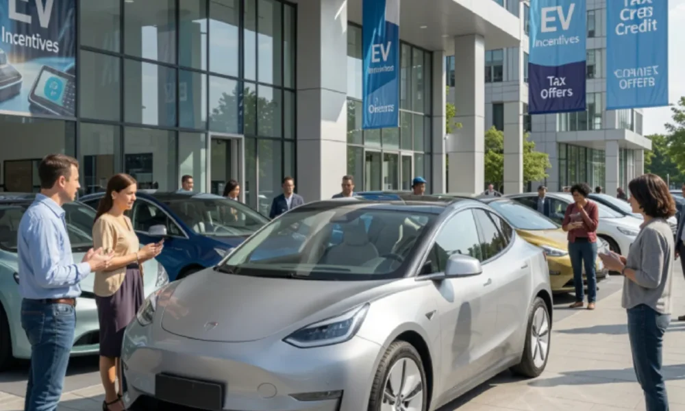 Shoppers exploring electric vehicles at a dealership with government EV incentives and tax credit programs in effect, illustrating 2026 EV buyer policies across regions.