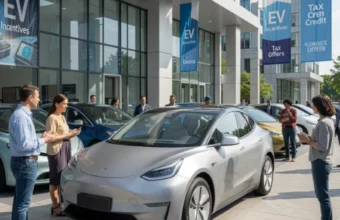 Shoppers exploring electric vehicles at a dealership with government EV incentives and tax credit programs in effect, illustrating 2026 EV buyer policies across regions.
