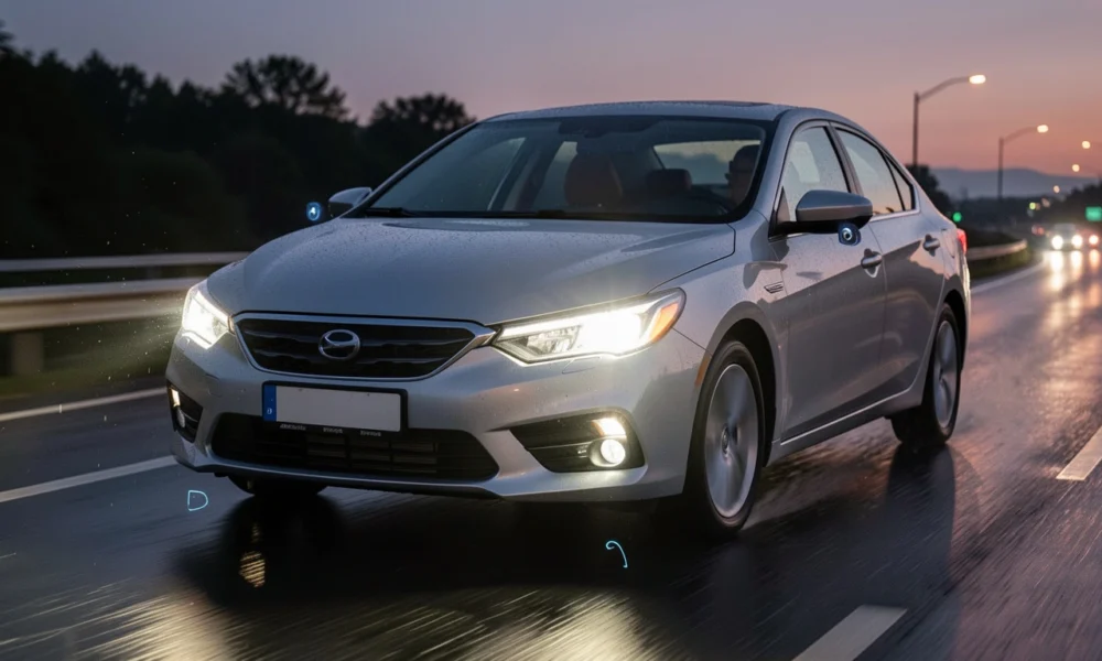 Modern car highlighting hidden safety and driver-assist technologies including sensors, radar, cameras, adaptive headlights, and automatic braking systems on a wet highway